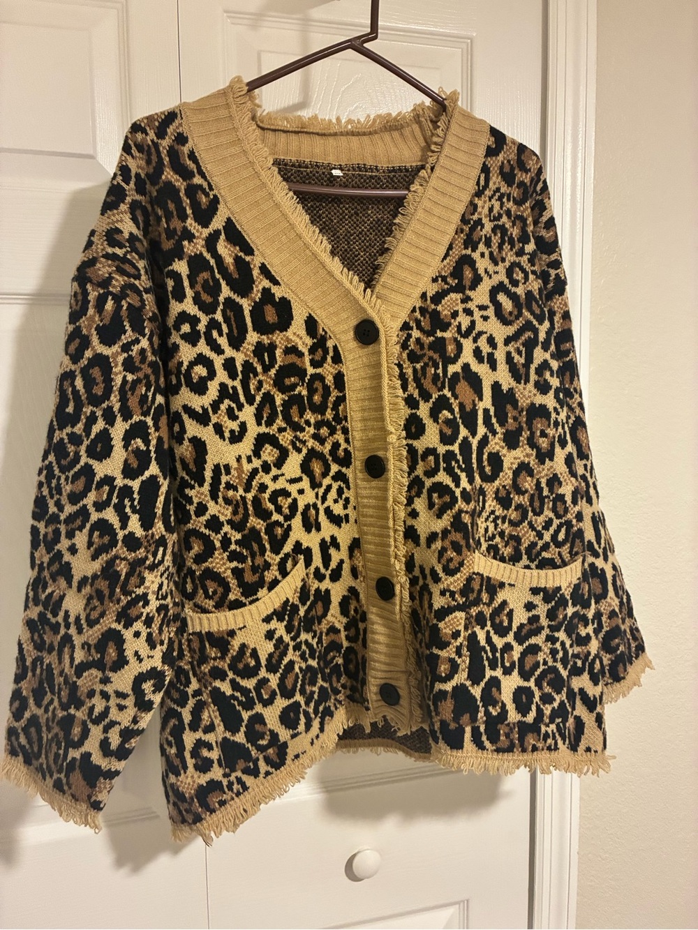 Leopard Print Button-Front Cardigan Sweater - Tan/Black size M/L - Picture 2 of 8